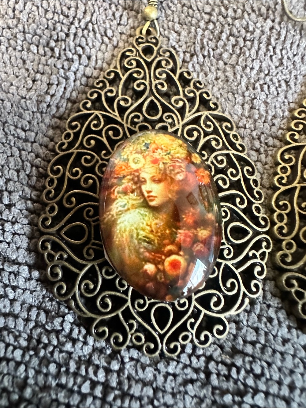 cameo Antique Gold Floral Portrait Drop Earrings with Warm Tones